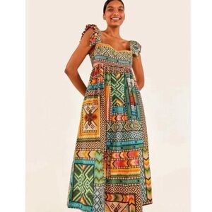 Farm Rio Banana Scarves Colorful Printed Midi Dress